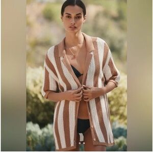 Anthropologie‎ Brown and Cream Knit Surf Striped Shirt. NWOT. Size L